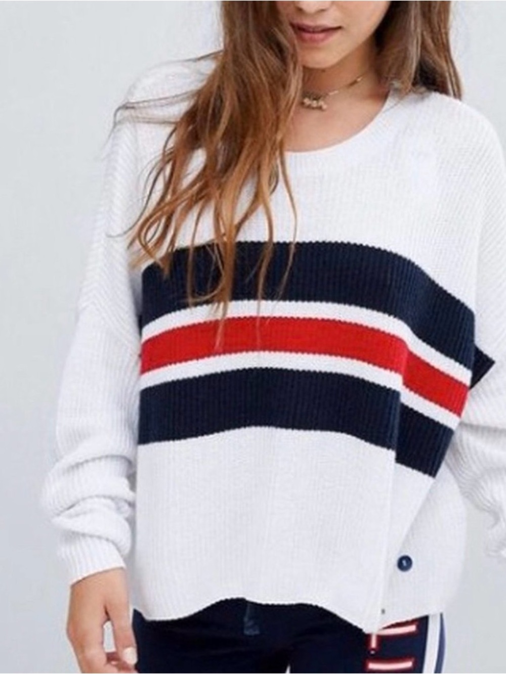 Hollister White Crewneck Sweater with Navy and Red Stripes Size medium